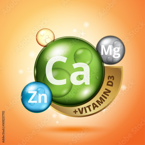 bubbles, calcium minerals, zinc vitamins, magnesium, vitamin D3 with ribbon for packaging and label 