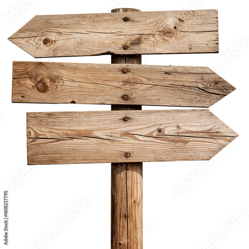 Directional Signpost: A weathered, wooden signpost featuring three arrows, points in different directions, offering a clear illustration of choice and guidance.