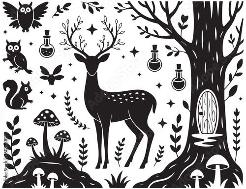 Magical Forest Deer Silhouette with Owls, Mushrooms, and Tree Door – Fantasy Woodland Scene