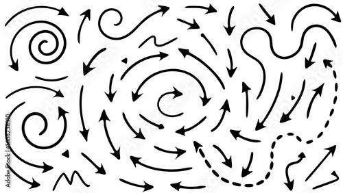 Vector  collection of various hand drawn black arrows pointing in different directions with unique designs and styles