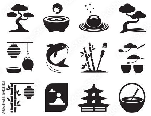 Japanese Culture Silhouette Icon Set – Vector Illustrations of Bonsai, Koi Fish, Bamboo, Lanterns & Tea