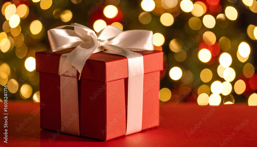 Red Gift Box with White Ribbon: A beautifully wrapped gift box, adorned with a pristine white ribbon and bow, rests on a surface, set against a backdrop of soft, golden bokeh lights.