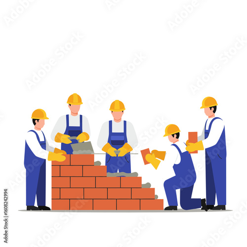 A team of construction workers in blue overalls and yellow helmets build a brick wall, showcasing teamwork and the construction process in a flat illustration.