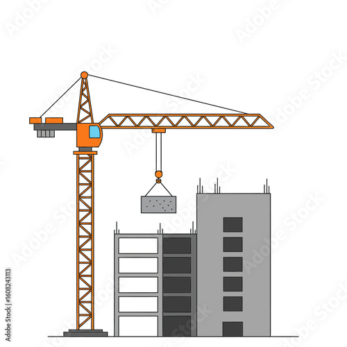 A tower crane lifts a concrete block during the construction of a modern building, showcasing the progress of the project against a white background.