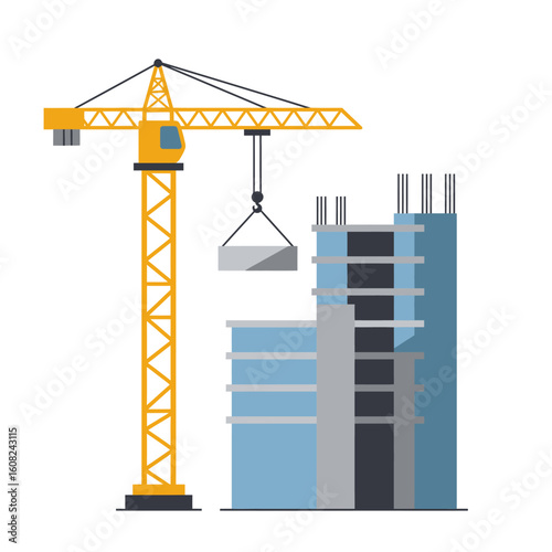 A vibrant flat design illustration depicts a tall yellow tower crane lifting a heavy concrete slab next to a modern building under construction.