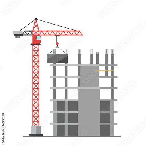 A red tower crane lifts a concrete slab during the construction of a modern building, showcasing the progress of the project against a white background.