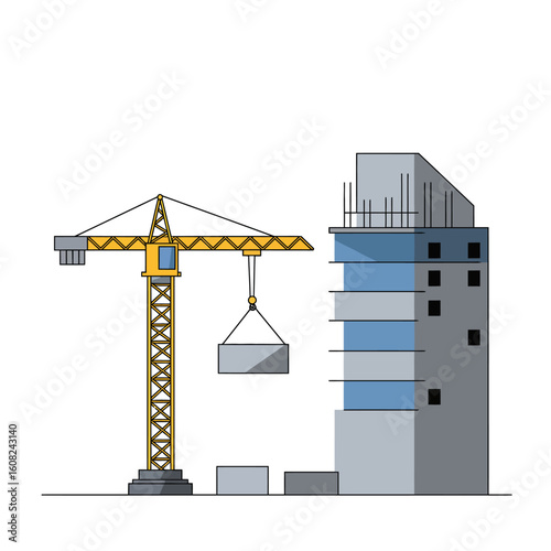 Illustration showcasing a construction crane lifting a concrete block next to a modern building under construction, set against a clean white background.