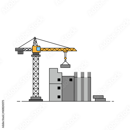 A construction crane is actively building a modern concrete building with stacked blocks on a white background.
