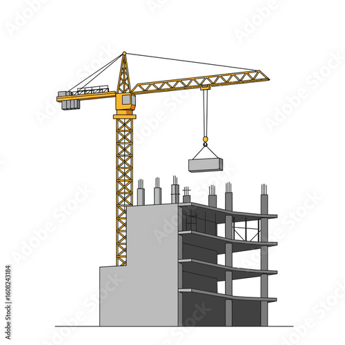 A detailed illustration of a construction site featuring a tall yellow crane lifting a concrete block above a partially built building, showcasing the process.