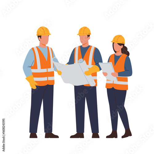 Three construction workers in hard hats and safety vests review blueprints and plans on a white background.