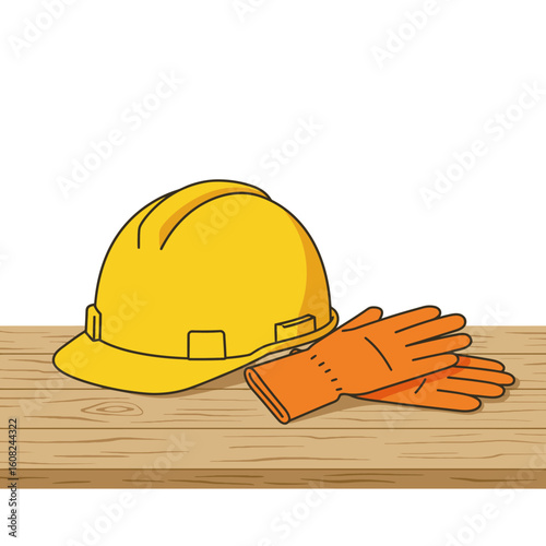 A yellow hard hat and a pair of orange work gloves sit on a light brown wooden surface, suggesting construction safety and work themes.