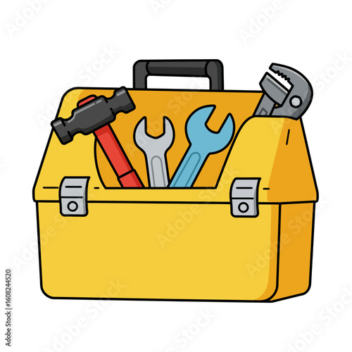 A yellow toolbox, filled with various hand tools like a hammer, wrenches, and adjustable pliers, ready for construction, repair, and DIY projects, isolated on white.