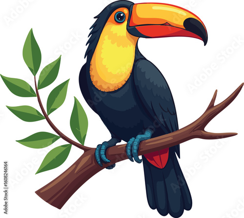 Colorful toucan with a large beak perched on a branch in the tropical rainforest