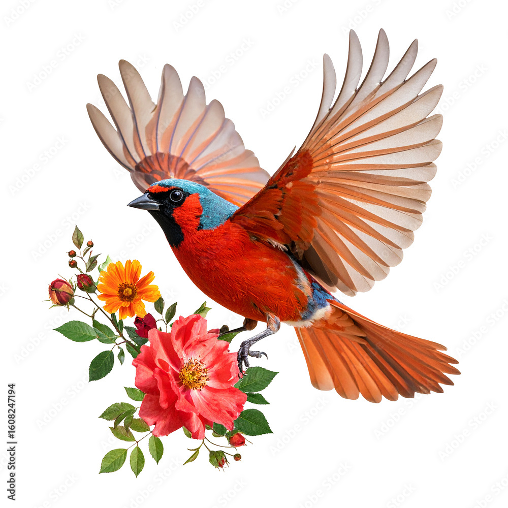 Fototapeta premium A Flutter of Delight: A vibrant illustration showcases a colorful bird in mid-flight, its wings outstretched, adorned with blooms, capturing a moment of freedom and beauty.