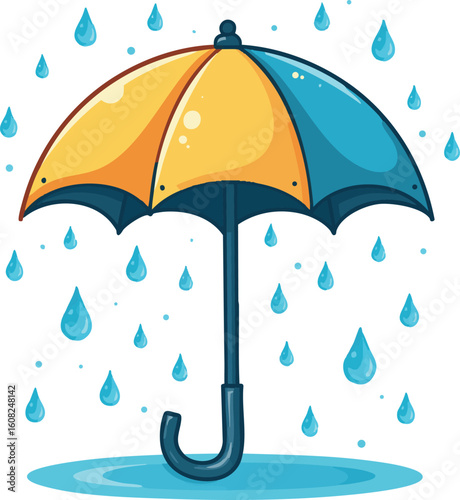 A colorful vector illustration of an open umbrella offers protection from rain and stormy autumn weather