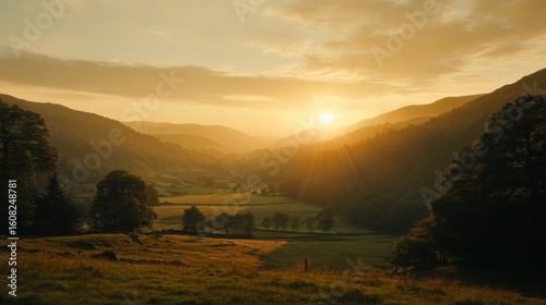 Golden sunset over valley landscape