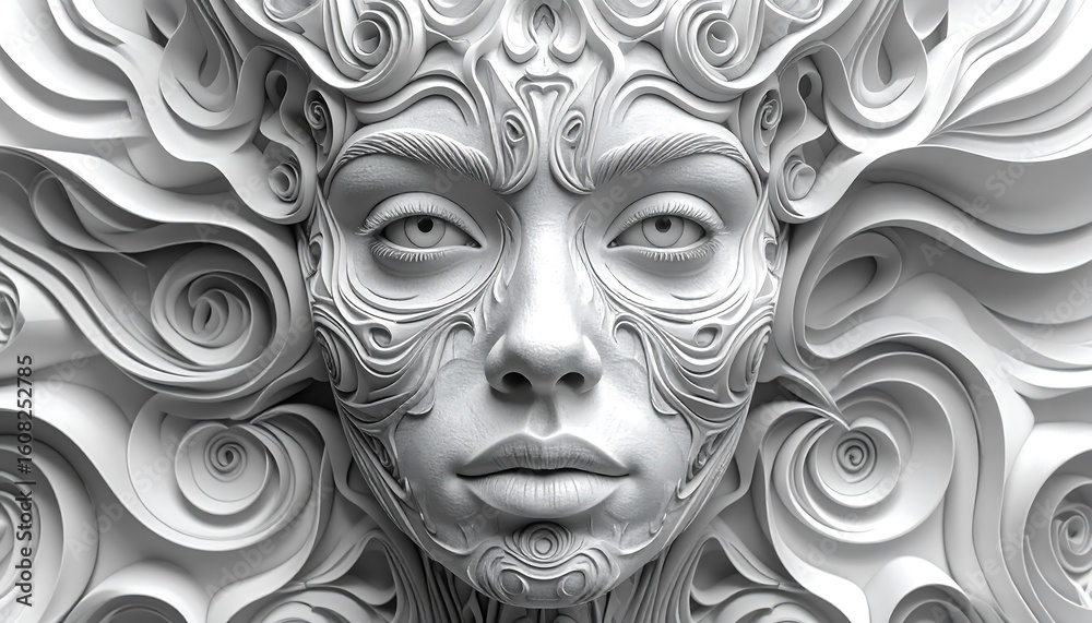 Fototapeta premium Sculptural, white woman's face, ornate details. Intricate swirls and patterns frame a serene, elegant visage