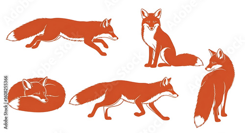 A collection of red-orange fox silhouettes in various poses, like sitting, running, and sleeping.