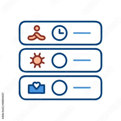 Illustrative interface icons representing user profile, time settings, and display settings in a modern digital interface. Clean lines and flat design, hinting at user-friendly functionality.