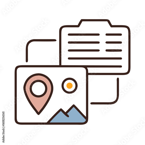 A modern icon representing a map pin, a picture, and a text document, symbolizes the blend of location, visual content, and written details, conveying concepts of travel, data.