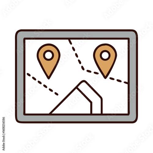 A digital tablet displays an intuitive GPS map, with strategically placed location pins marking travel points, symbolizing navigation and geographical data in a graphic resource.