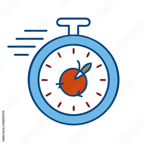 An imaginative illustration combines the precision of time with the essence of health, featuring a vibrant apple at the center of a stopwatch, symbolizing fresh nutrition and quickness. 