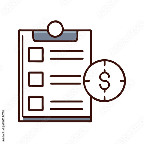 A business concept illustration depicting a clipboard with a checklist and a money symbol target, symbolizing goals and planning.