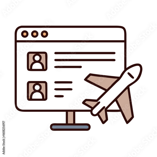 A digital interface with silhouette profile and airplane symbolizes travel planning, a minimalist illustration, capturing the essence of flight booking and online services.