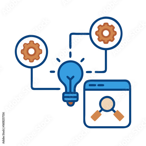 Illustration depicting the spark of innovative ideas and the mechanics of strategic planning. Visual representation of idea generation and process optimization.