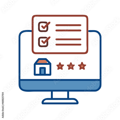 A stylized digital illustration depicts an online review, showcasing elements of property evaluation, user ratings, and digital interface design.