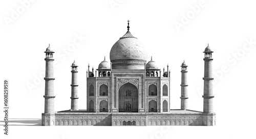A black and white line art illustration of the Taj Mahal in Agra, India.