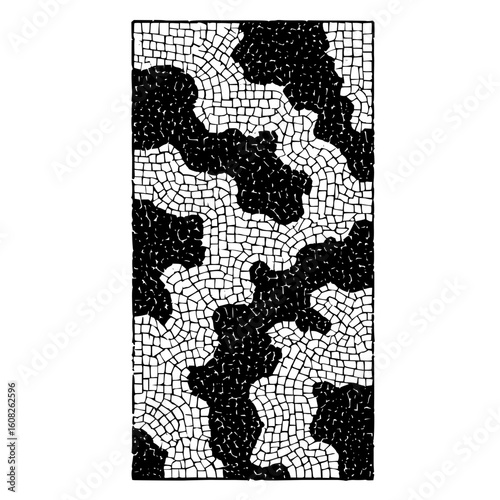 Illustration of a mosaic pattern with black irregular shapes on a white background in a rectangular design