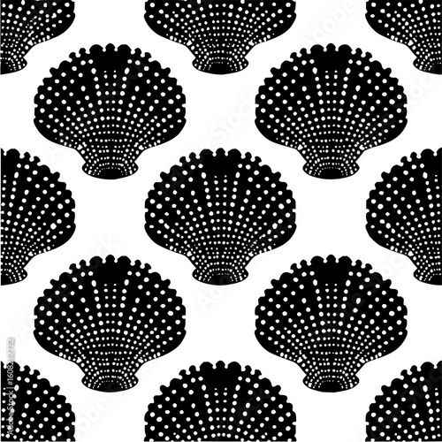 Seamless pattern of black scallop shells with white dots on a white background creates a bold design