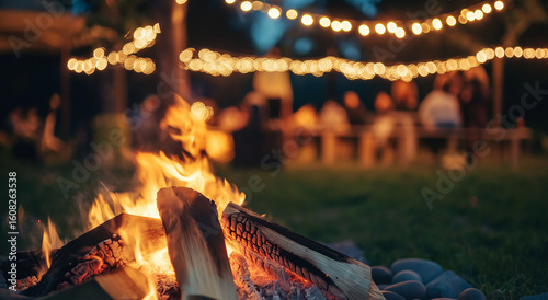 Uma fogueira brilhante com luzes desfocadas e pessoas ao fundo, criando uma atmosfera aconchegante e convidativa, perfeita para reuniões ao ar livre e celebrações festivas em noites frias.