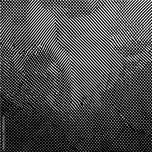 Monochrome abstract design featuring a blend of parallel lines and dotted patterns creating visual texture