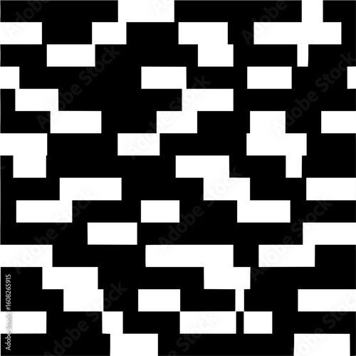 A chaotic arrangement of white rectangular shapes scattered across a solid black background in a random pattern