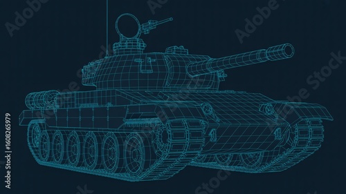 Wireframe rendering of a tank with a long barrel and multiple wheels on a dark blue background
