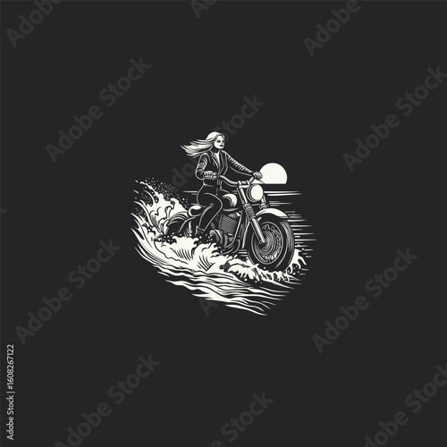 illustration of a woman confidently riding a motorcycle alongside crashing ocean waves