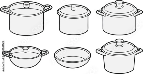 Kitchen Cookware Icons – Line Art of Cooking Pots and Saucepans