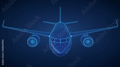 A digital wireframe rendering of a passenger airplane against a dark blue gradient background view from front