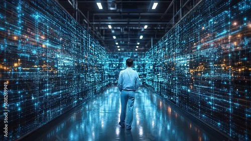 Man walking in futuristic server room with complex data visualizations, highlighting data