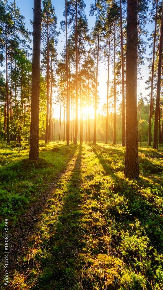 Obraz premium Sunlight streams through a pine forest