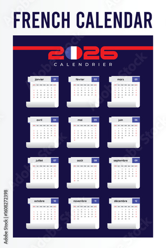 French Printable 2026 Wall Calendar Vector Template for Multipurpose