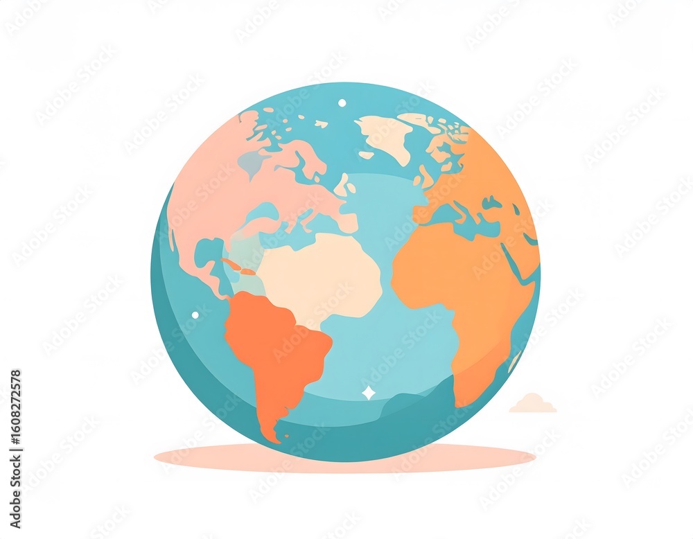 Fototapeta premium Stylized illustration of planet Earth with continents in orange and pink, surrounded by blue oceans, on a white background.
