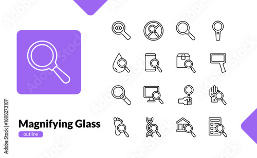 Magnifying glass outline icon set for search and analysis