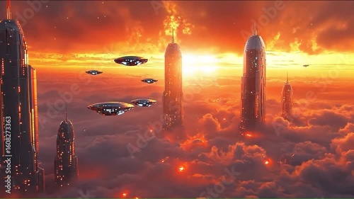 Futuristic city emerging from clouds at sunset with flying vehicles