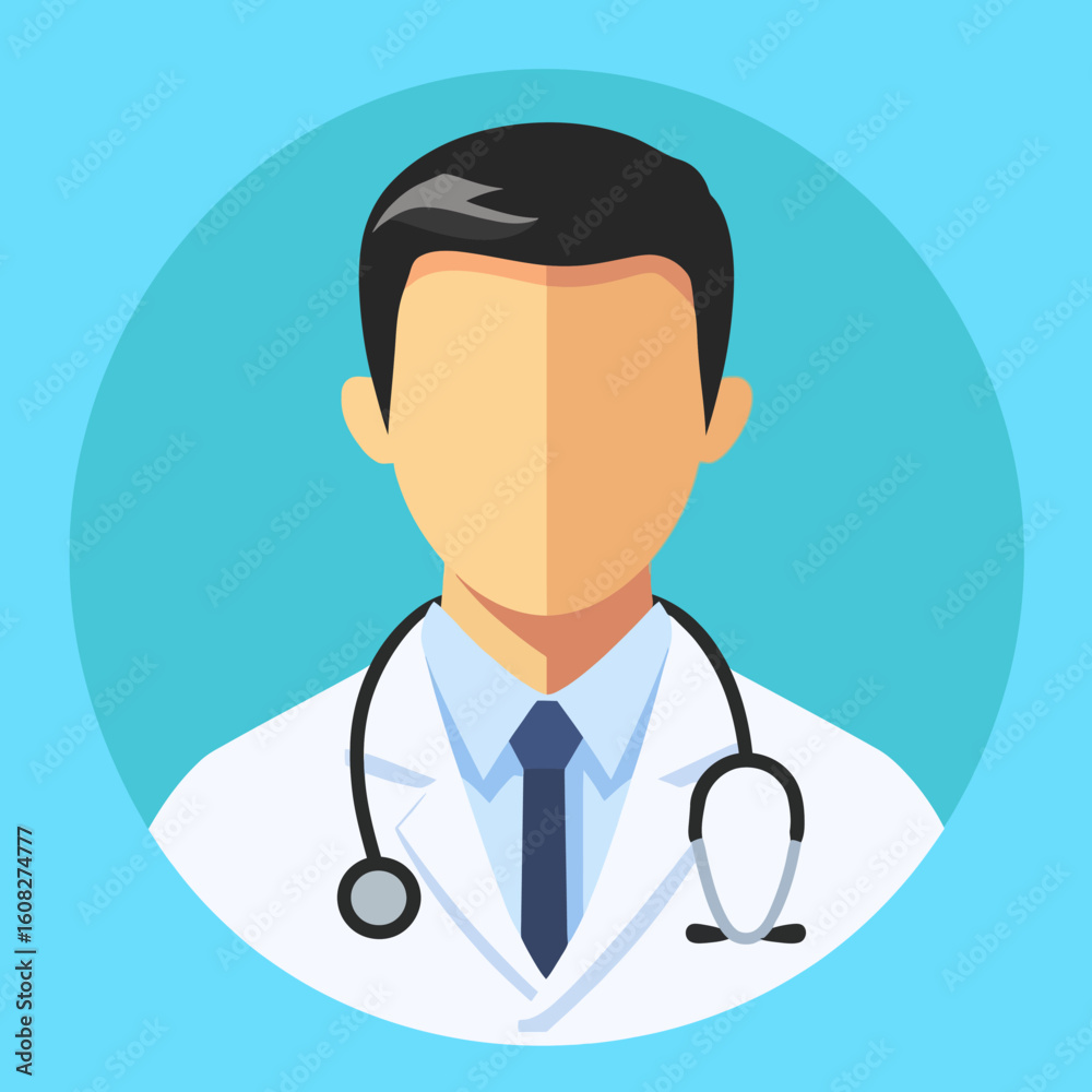 Fototapeta premium Doctor avatar icon in white coat, flat design face illustration. Senior consultant, medicine