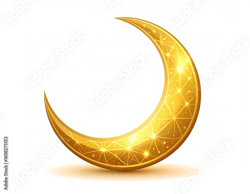 A golden crescent moon illustration with geometric patterns and sparkling light effects, isolated on a white background.