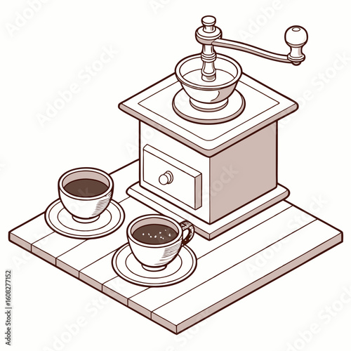 Coffee Grinder and Cups Isometric Illustration