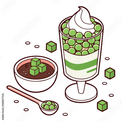 Mame Daifuku Dessert Illustration: Japanese Sweets in Isometric Style